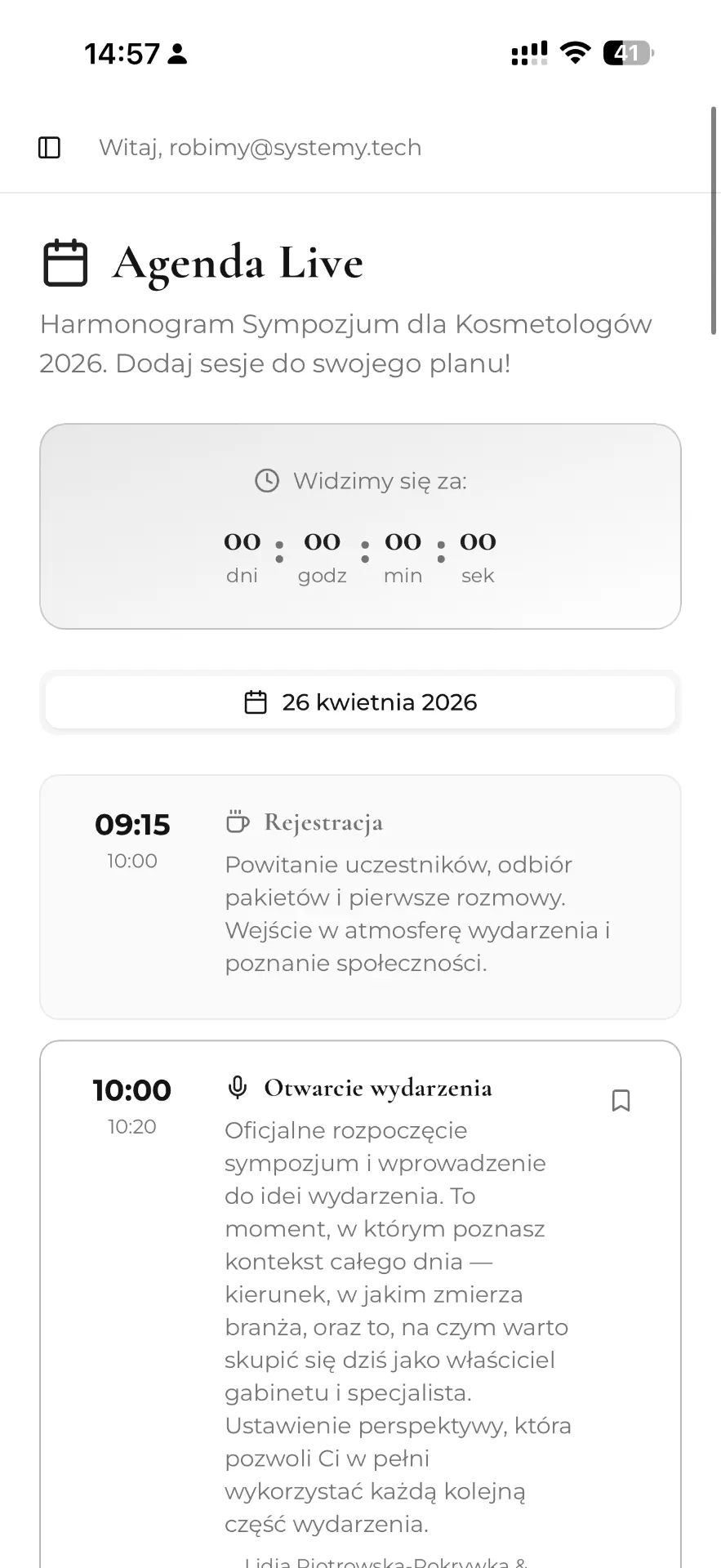 Plan dnia w kieszeni, ekran aplikacji wydarzenia