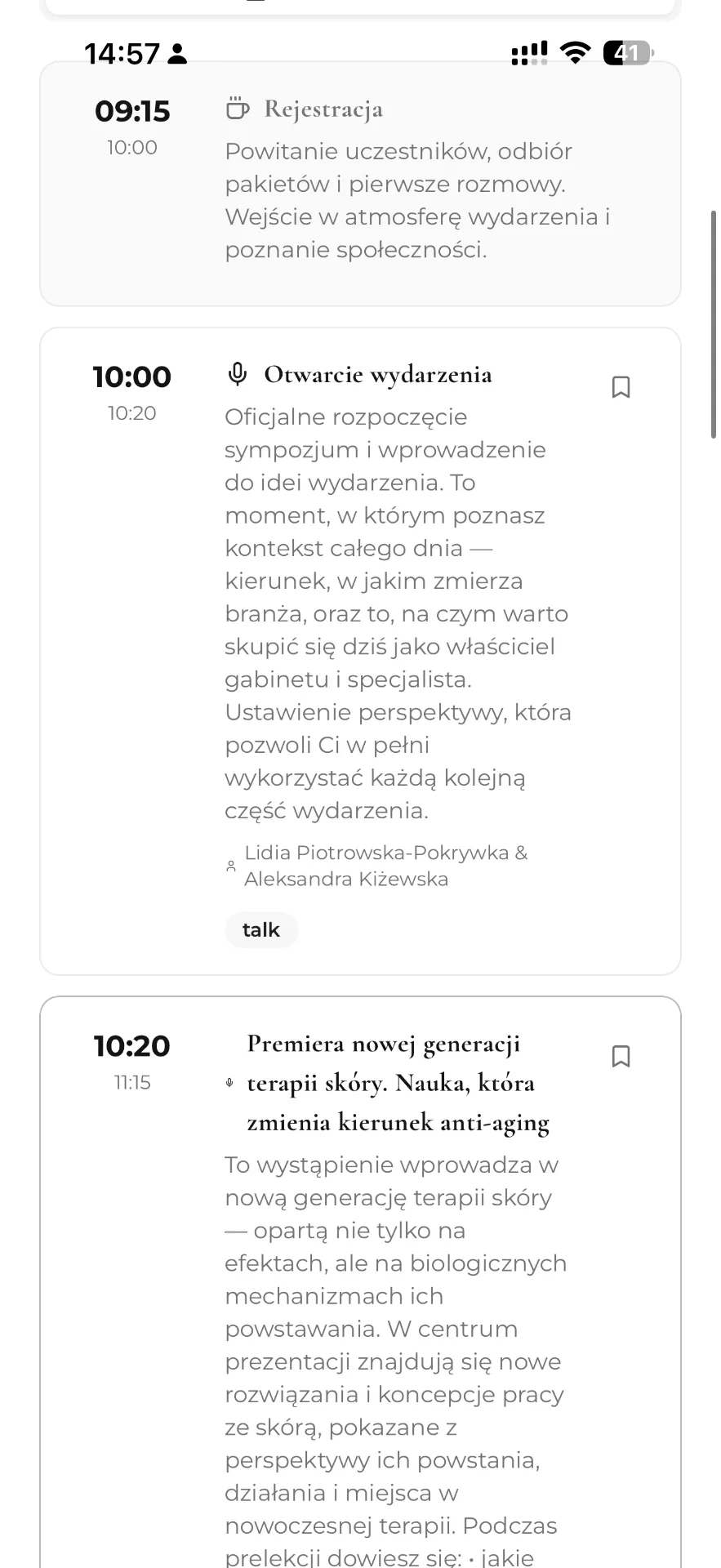 Każda prelekcja w detalu, ekran aplikacji wydarzenia