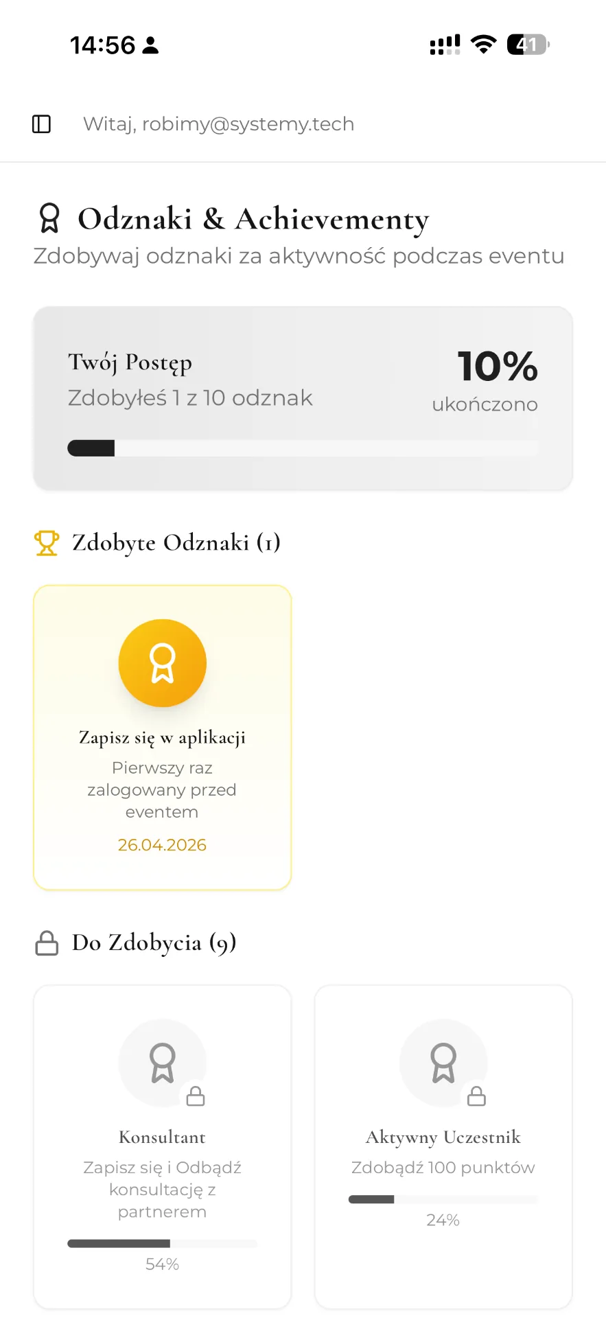 Grywalizacja całego dnia, ekran aplikacji wydarzenia
