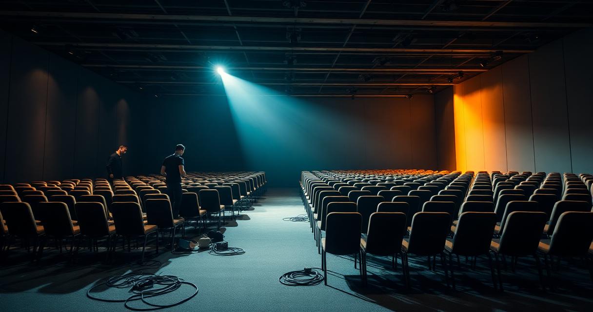 Pusta sala konferencyjna podczas montażu, z reflektorem i kablami na podłodze