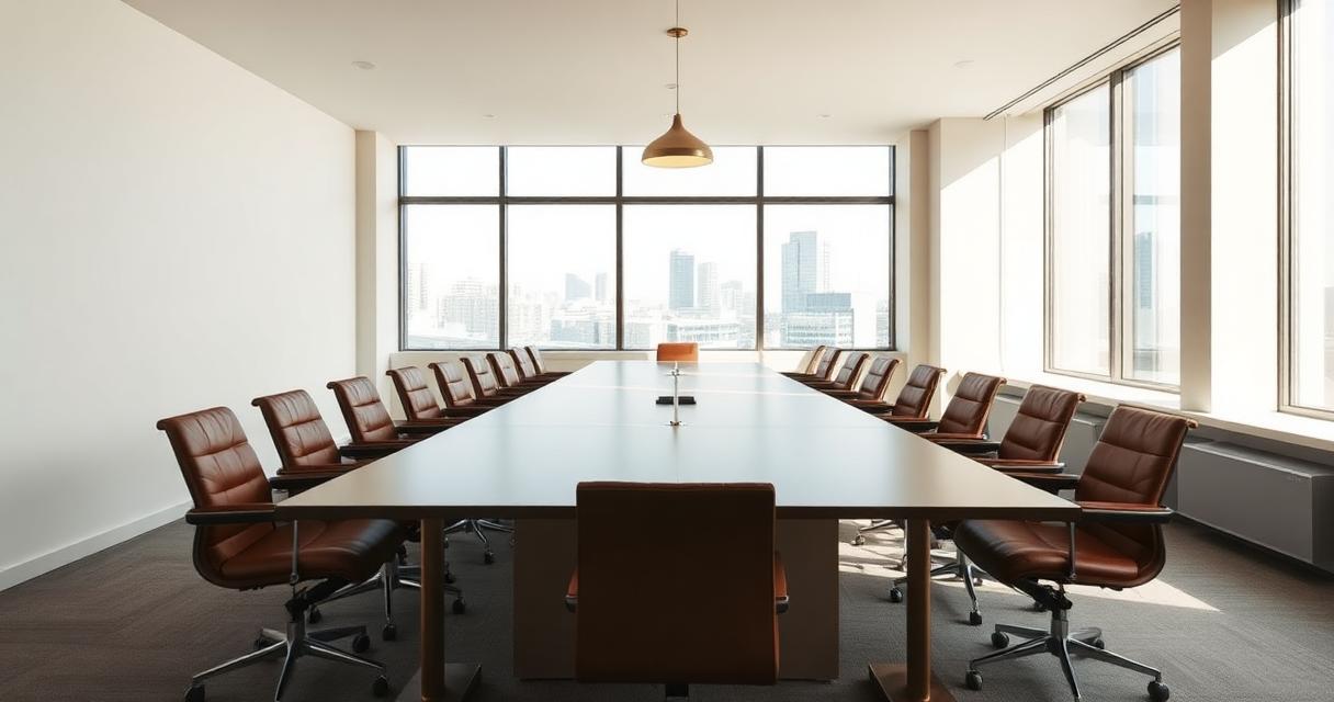 Nowoczesna pusta sala konferencyjna z długim stołem, skórzanymi fotelami i widokiem na panoramę miasta